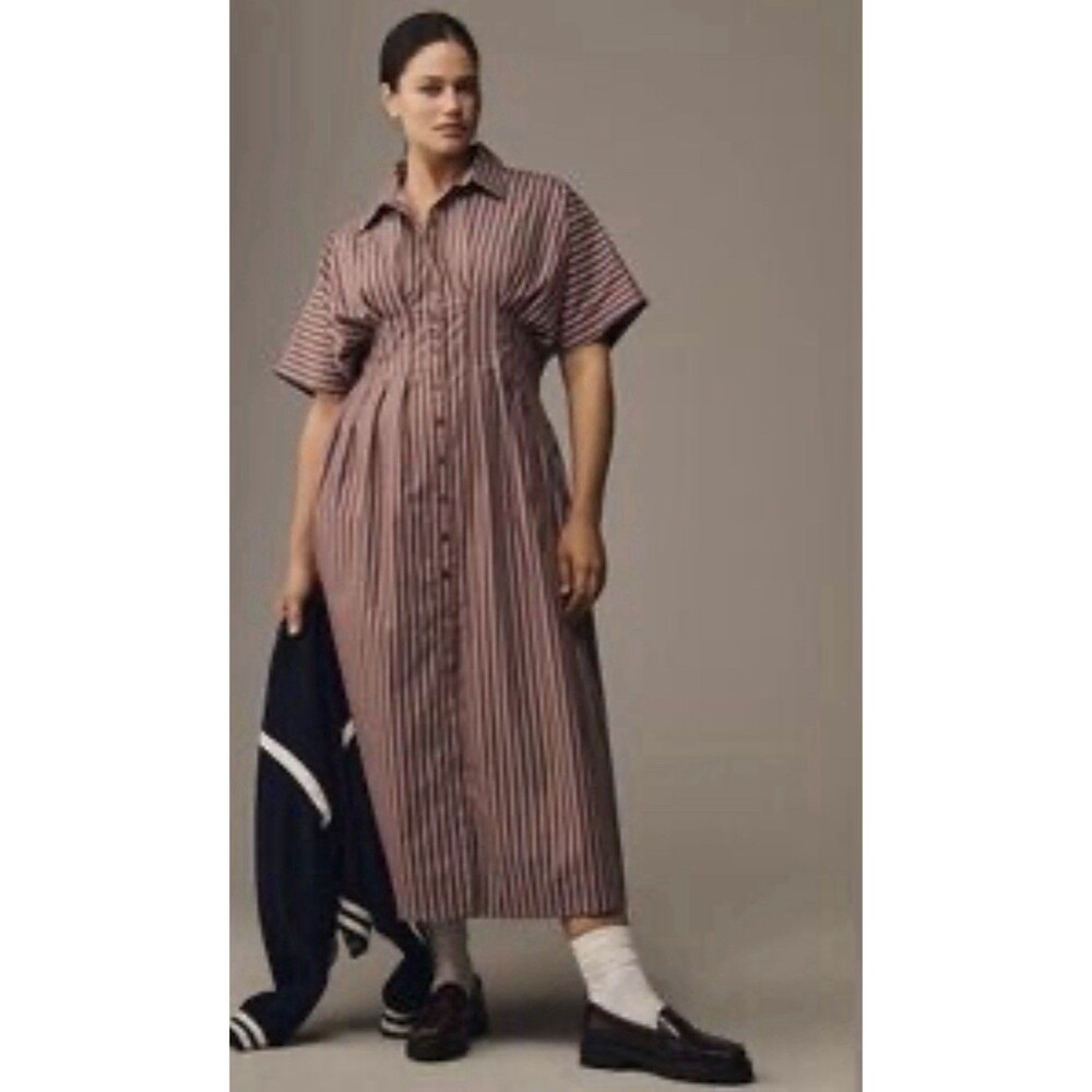 Exquise Anthropologie Midi Shirt Dress Tobie Pink Preppy Boho Retro Size XL NWT - Picture 1 of 9
